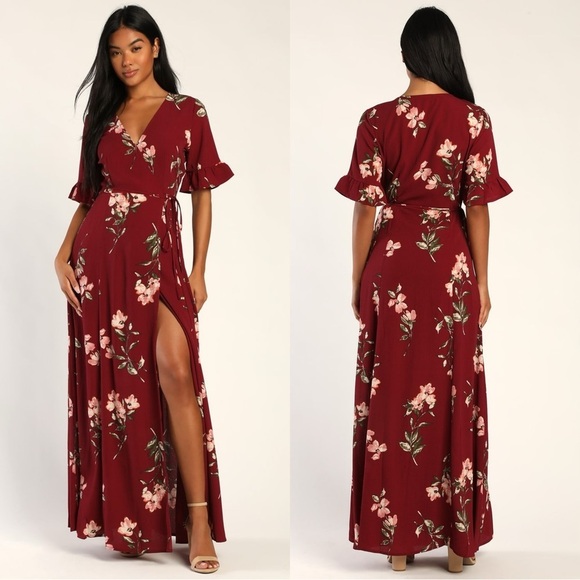 NWOT Lulus September Sunsets Burgundy Floral Print Wrap Maxi Dress - Picture 1 of 9